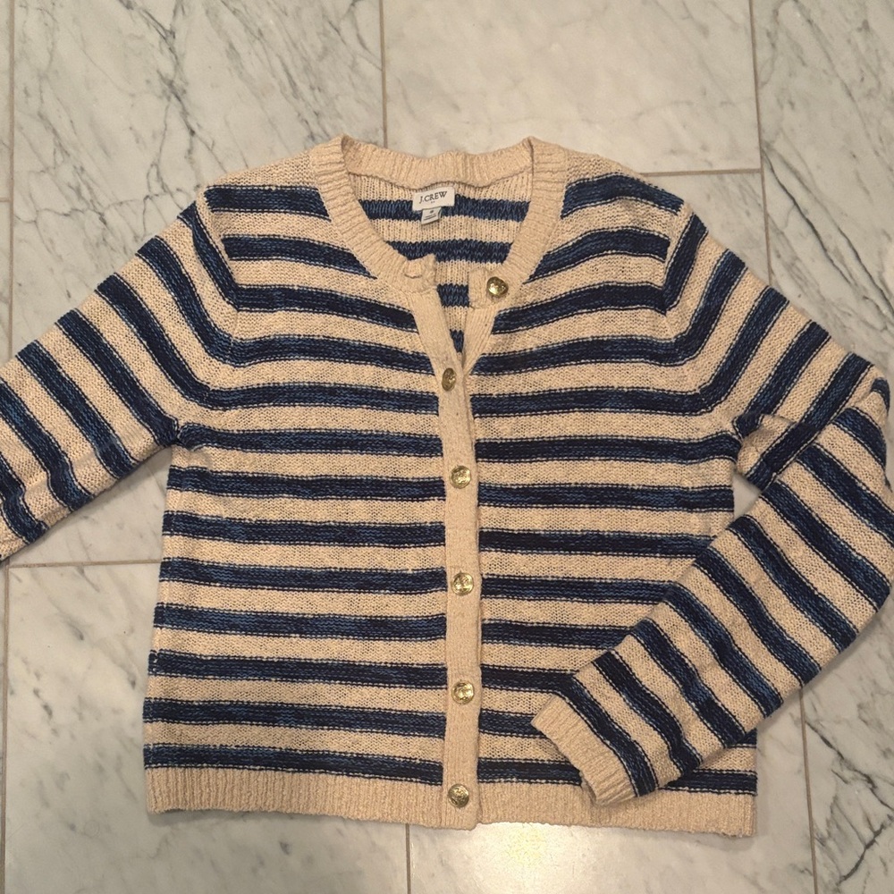 J. Crew small Blue and Cream Striped Gold Button-Front Sweater